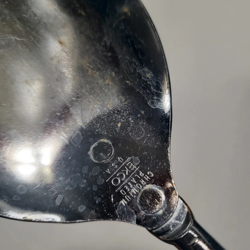 Vtg Ekco USA Chromium Plated Serving Spoon White Speckled Plastic Handle12.5